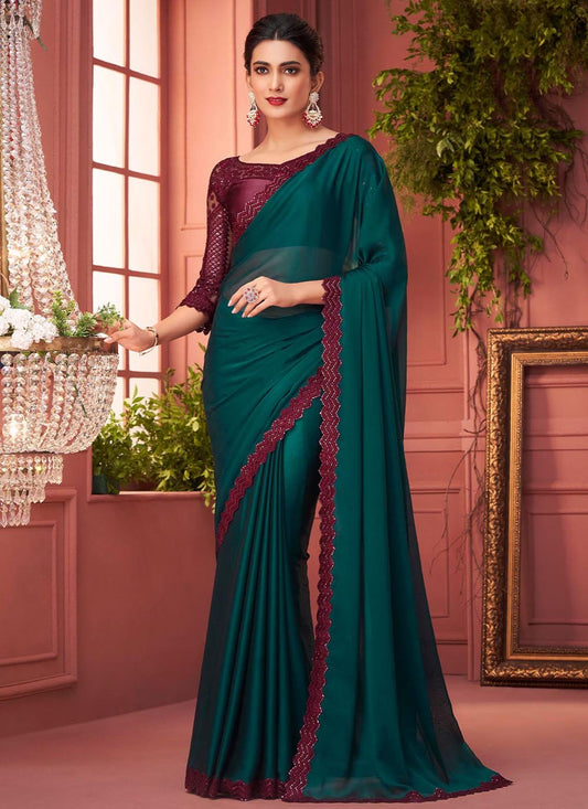 Classic Georgette Teal Lace Saree