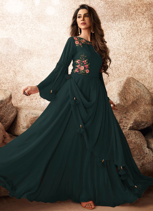 Gown Georgette Teal Embroidered Gown