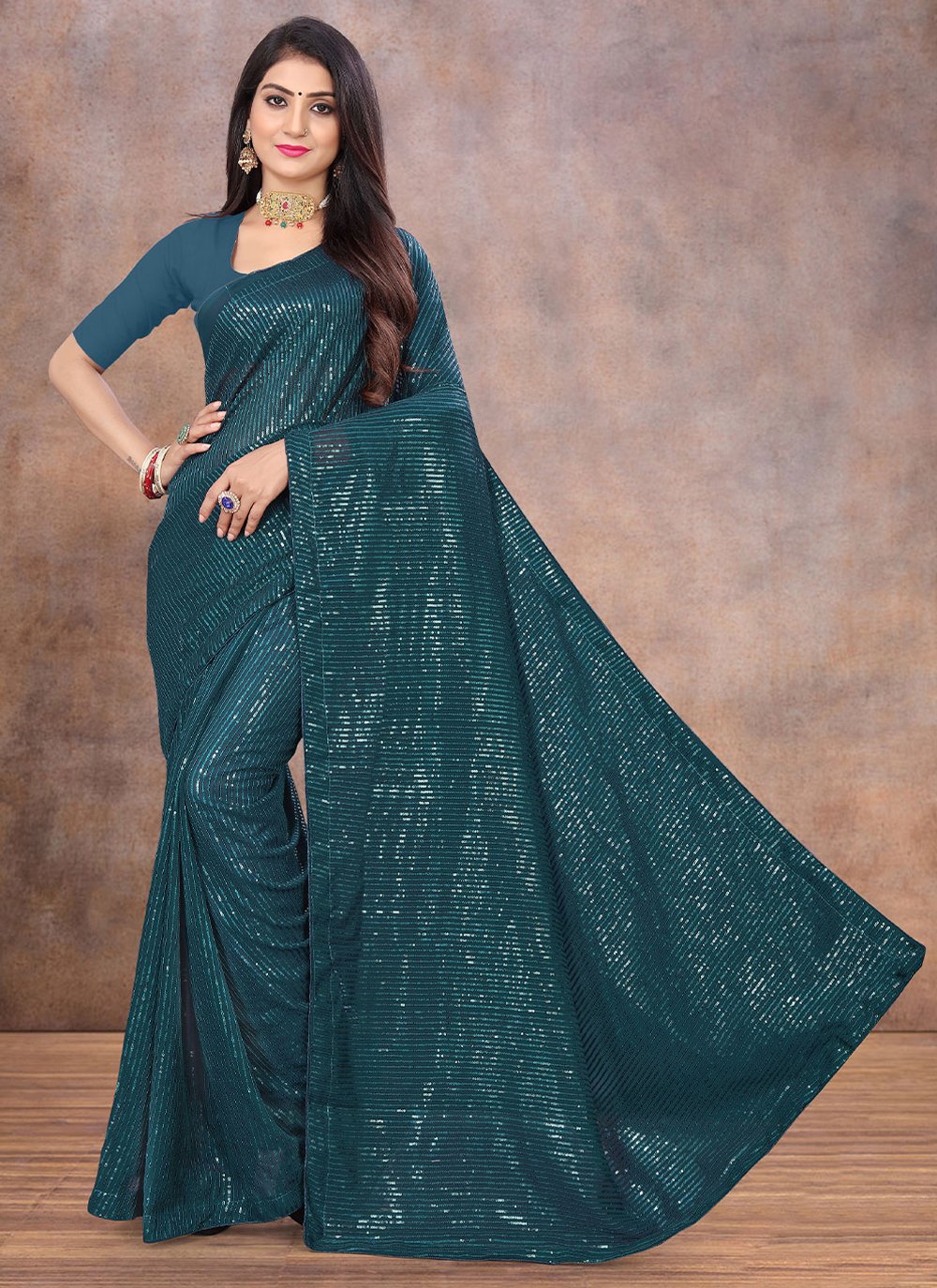 Trendy Saree Georgette Teal Sequins Saree