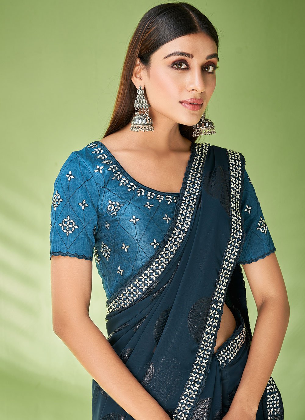 Trendy Saree Georgette Jacquard Teal Foil Print Saree