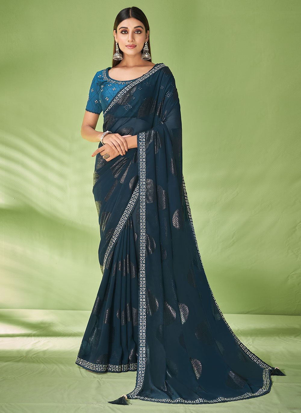 Trendy Saree Georgette Jacquard Teal Foil Print Saree