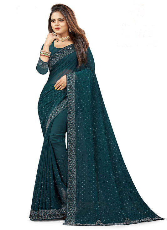 Trendy Saree Georgette Teal Embroidered Saree