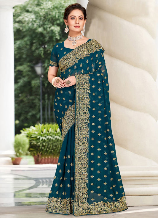 Contemporary Georgette Teal Embroidered Saree