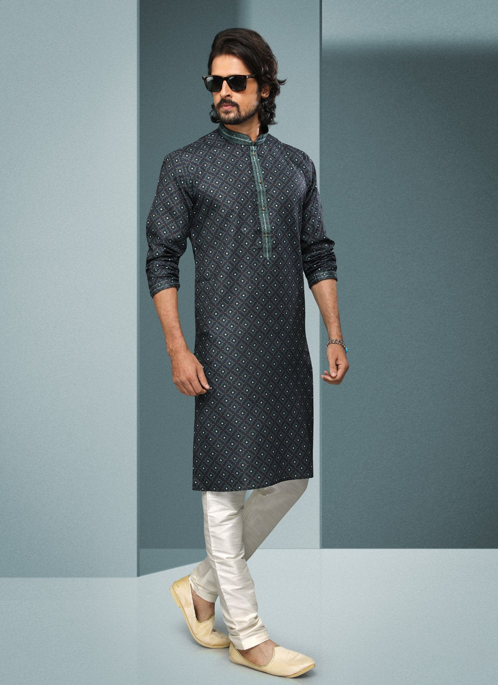 Kurta Pyjama Handloom Cotton Teal Digital Print Mens