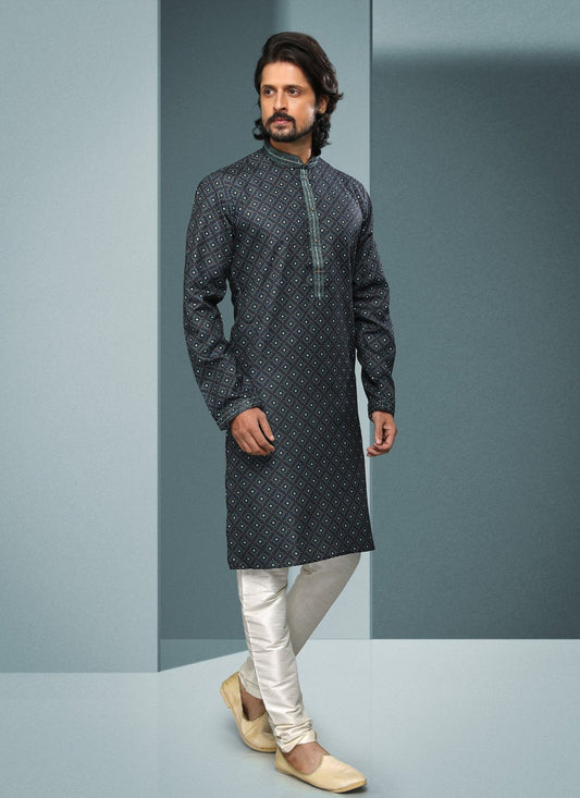 Kurta Pyjama Handloom Cotton Teal Digital Print Mens