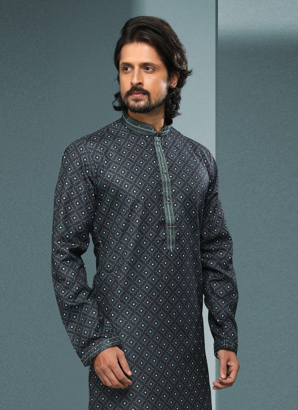 Kurta Pyjama Handloom Cotton Teal Digital Print Mens