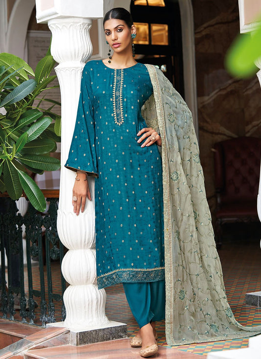 Pakistani Salwar Suit Jacquard Teal Embroidered Salwar Kameez