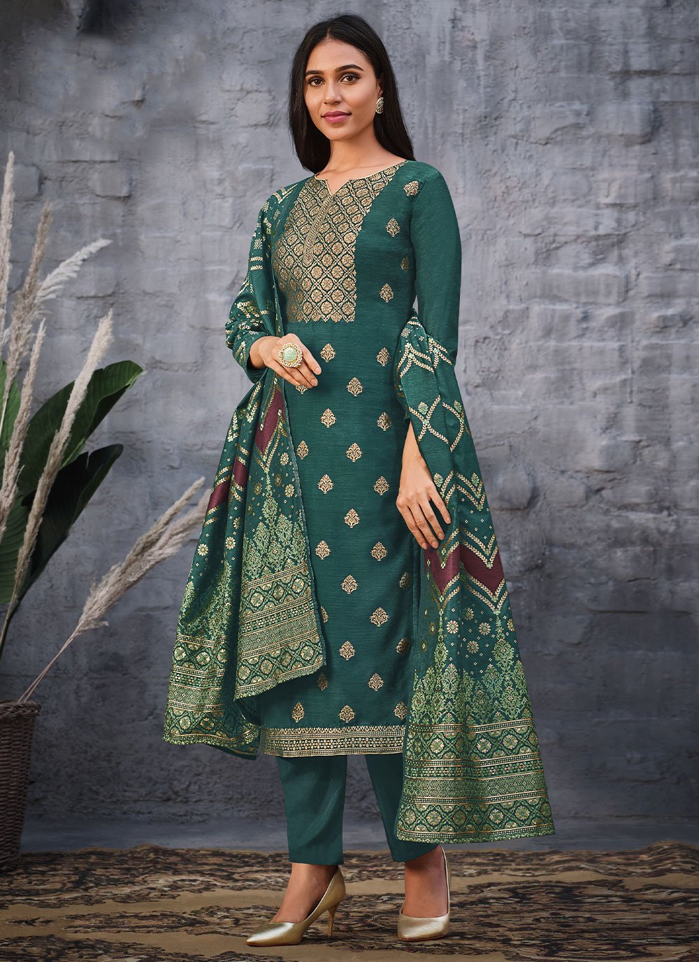 Salwar Suit Jacquard Silk Teal Swarovski Salwar Kameez