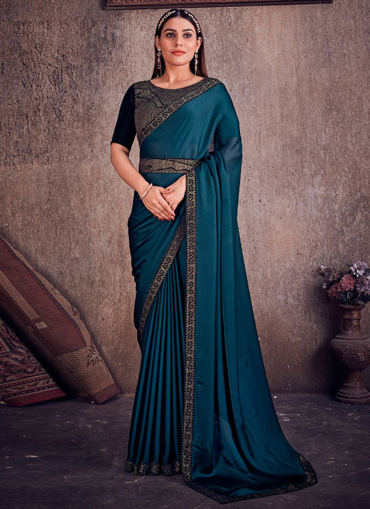 Designer Georgette Satin Teal Lace Saree