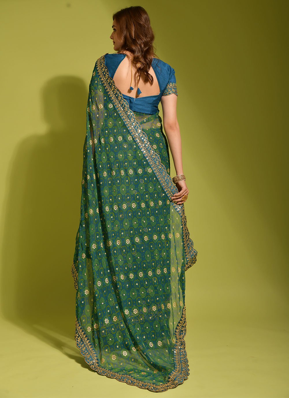 Trendy Saree Chiffon Georgette Teal Embroidered Saree