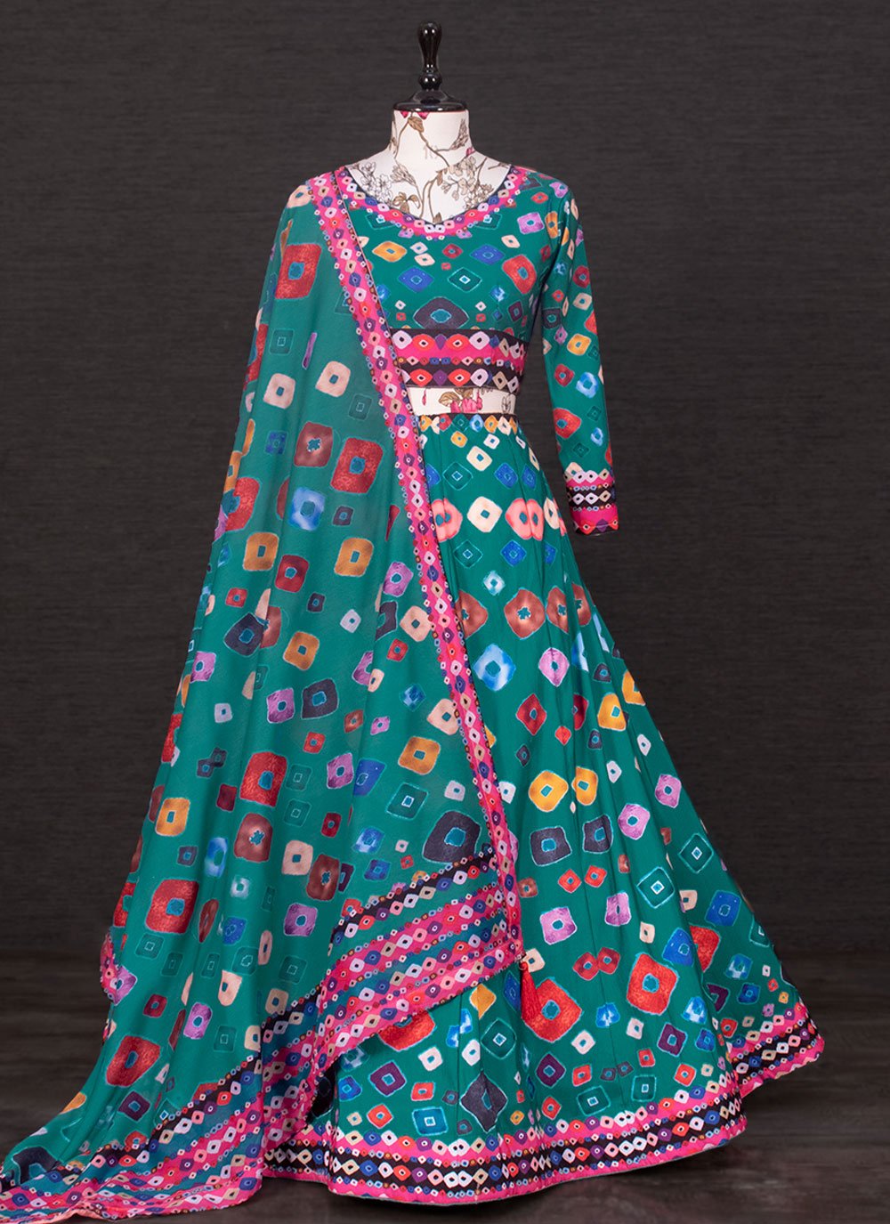 Lehenga Choli Silk Teal Print Lehenga Choli