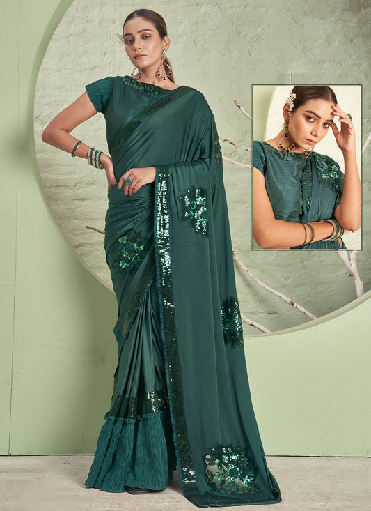 Traditional Saree Lycra Teal Patch Border Saree