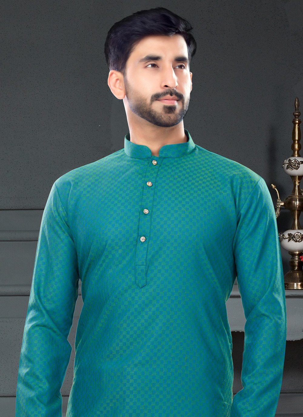 Kurta Pyjama Cotton Jacquard Teal Fancy Work Mens