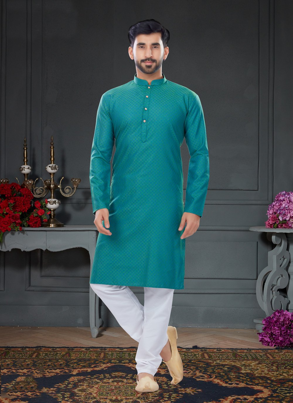 Kurta Pyjama Cotton Jacquard Teal Fancy Work Mens