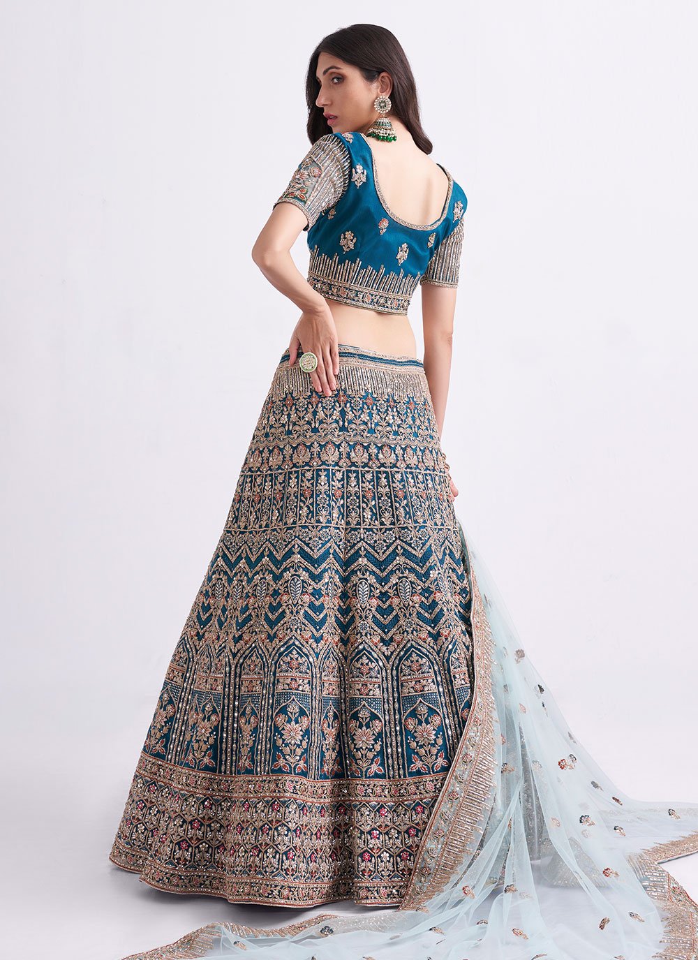 A Line Lehenga Net Teal Embroidered Lehenga Choli