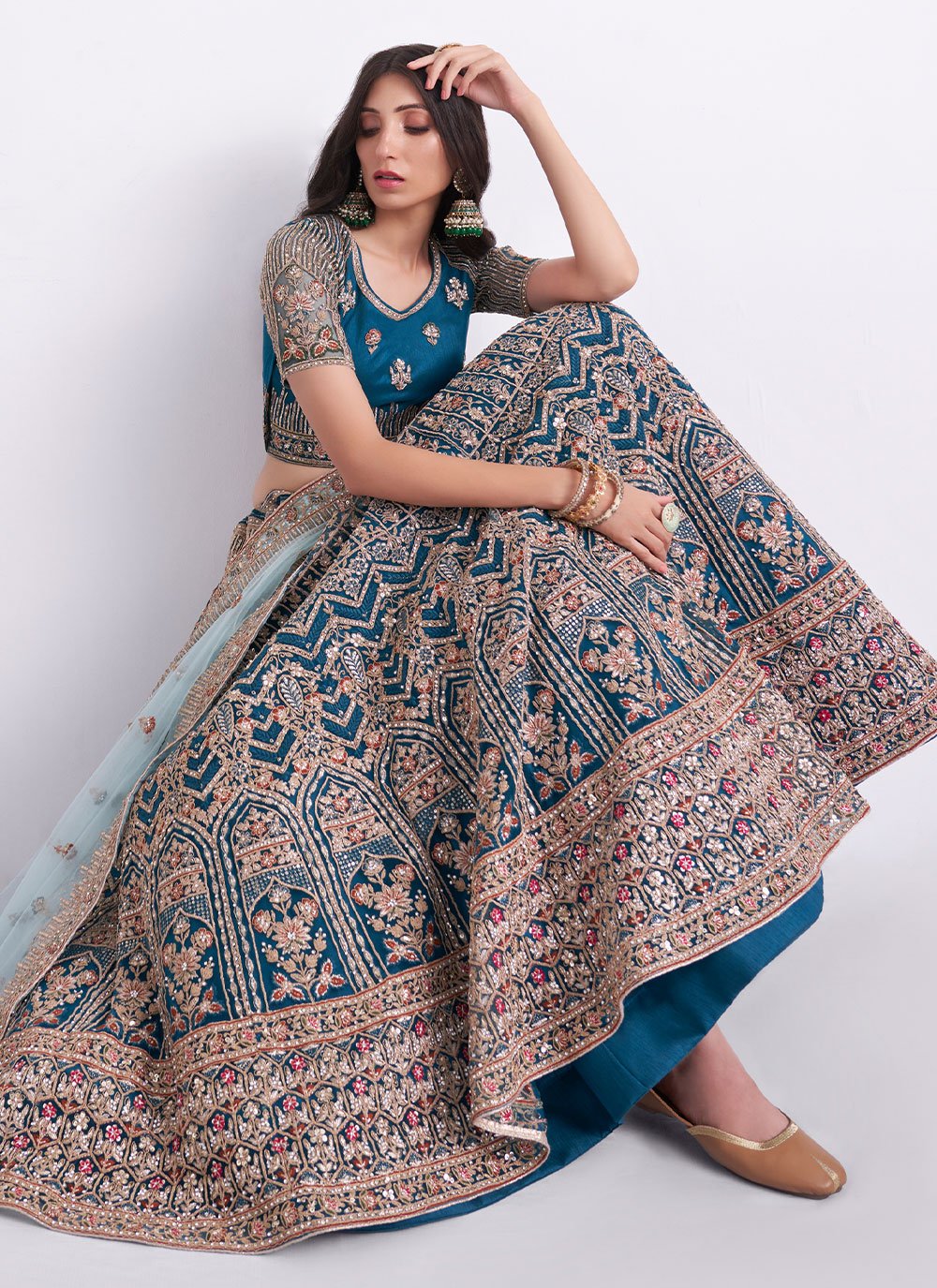 A Line Lehenga Net Teal Embroidered Lehenga Choli