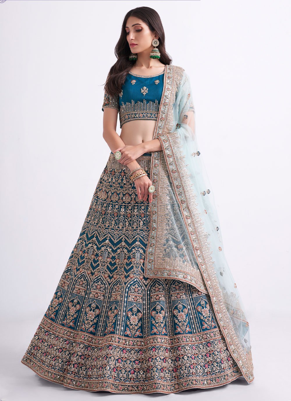 A Line Lehenga Net Teal Embroidered Lehenga Choli