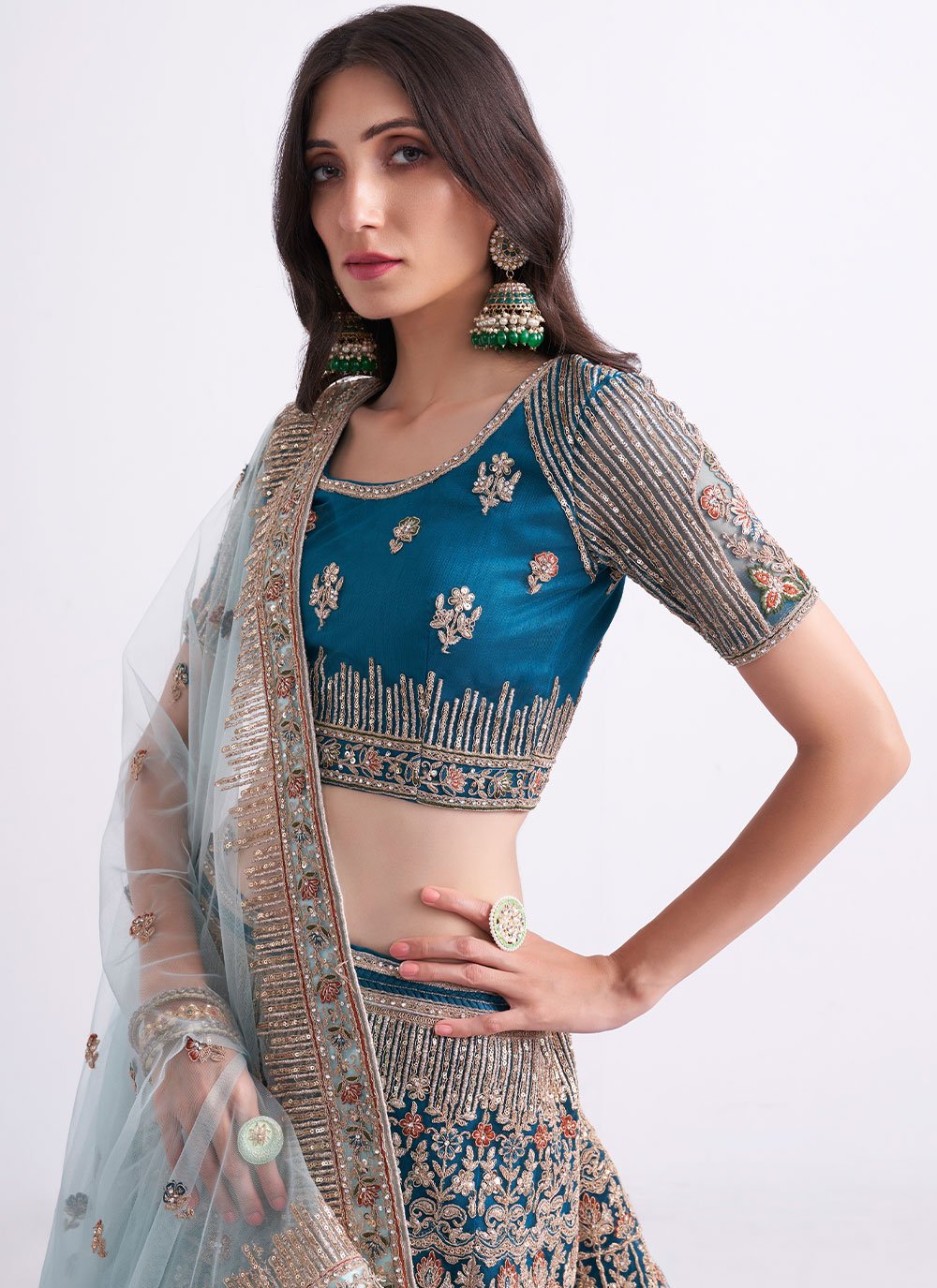 A Line Lehenga Net Teal Embroidered Lehenga Choli