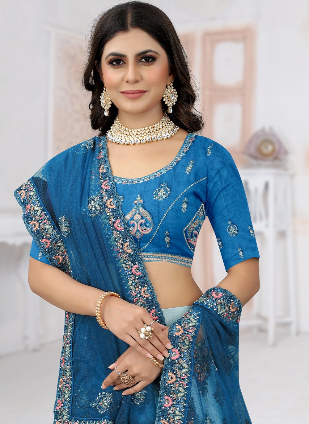 Lehenga Choli Net Teal Embroidered Lehenga Choli