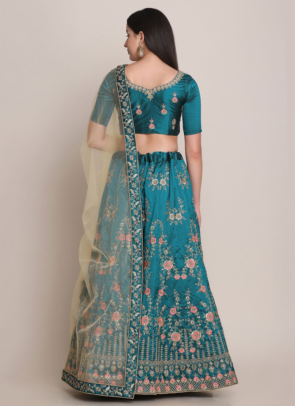 A Line Lehenga Tafeta Silk Teal Embroidered Lehenga Choli