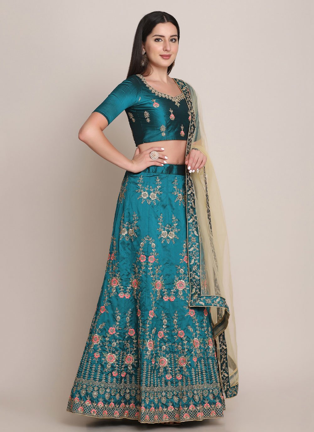 A Line Lehenga Tafeta Silk Teal Embroidered Lehenga Choli