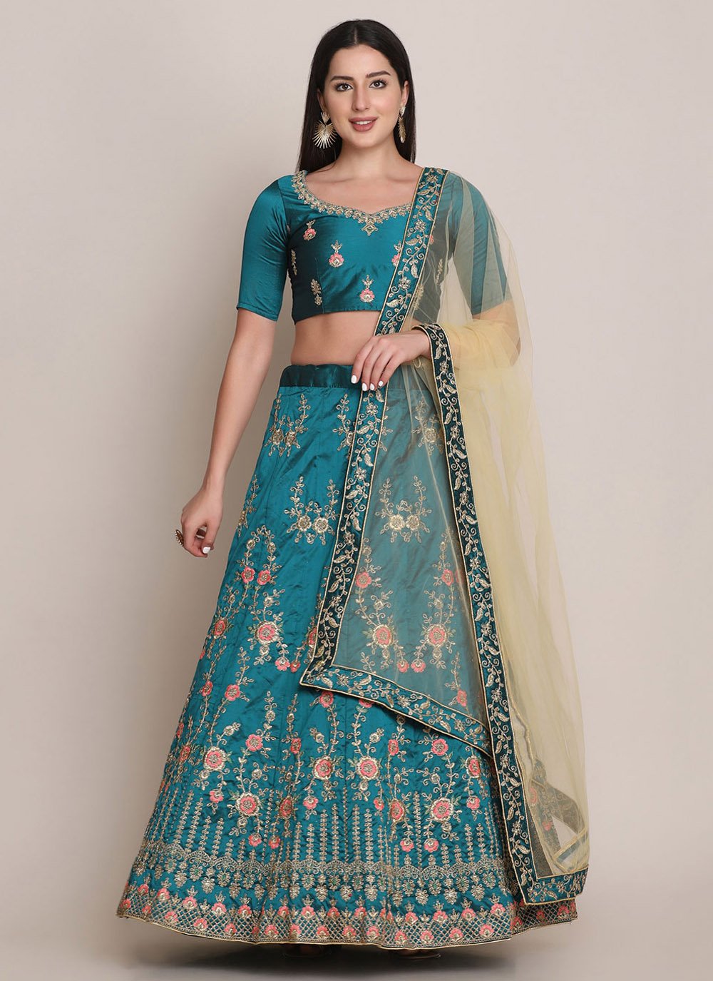 A Line Lehenga Tafeta Silk Teal Embroidered Lehenga Choli