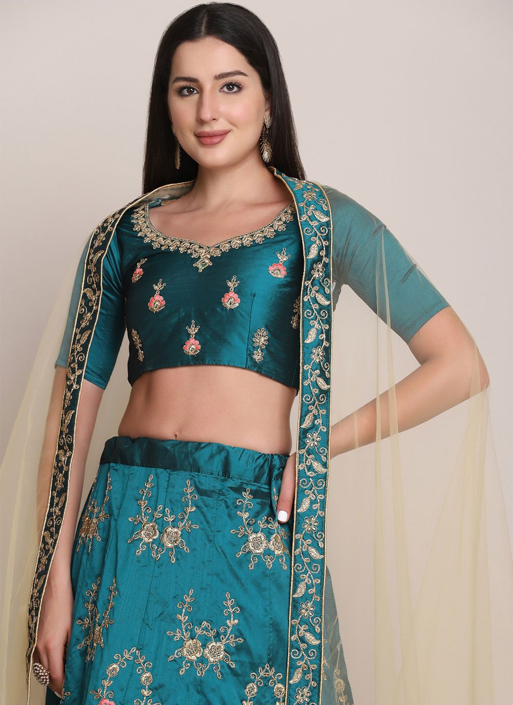 A Line Lehenga Tafeta Silk Teal Embroidered Lehenga Choli