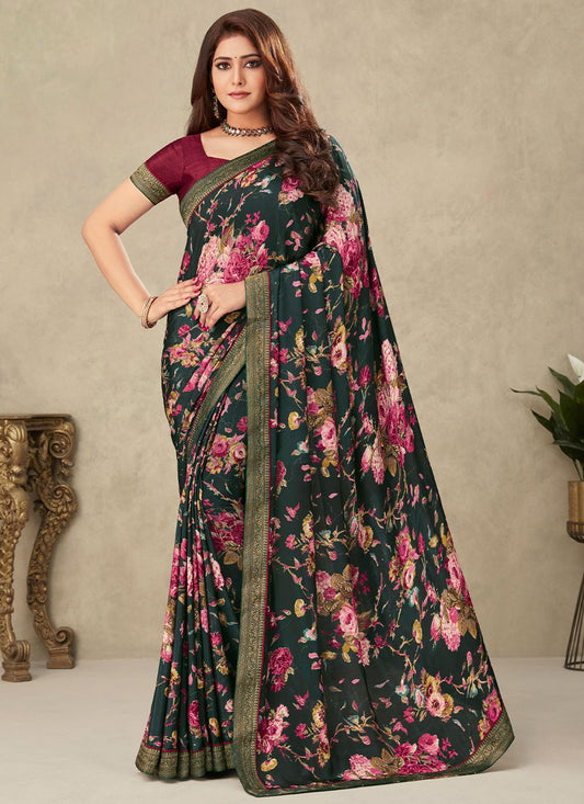 Contemporary Crepe Silk Teal Floral Patch Saree