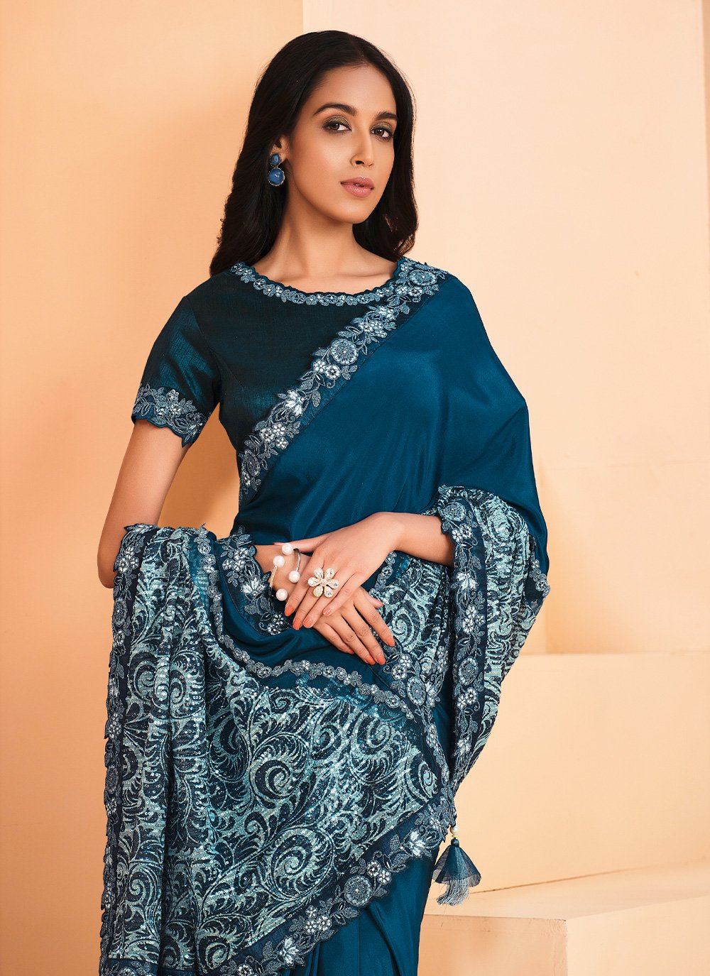 Classic Crepe Silk Satin Teal Embroidered Saree