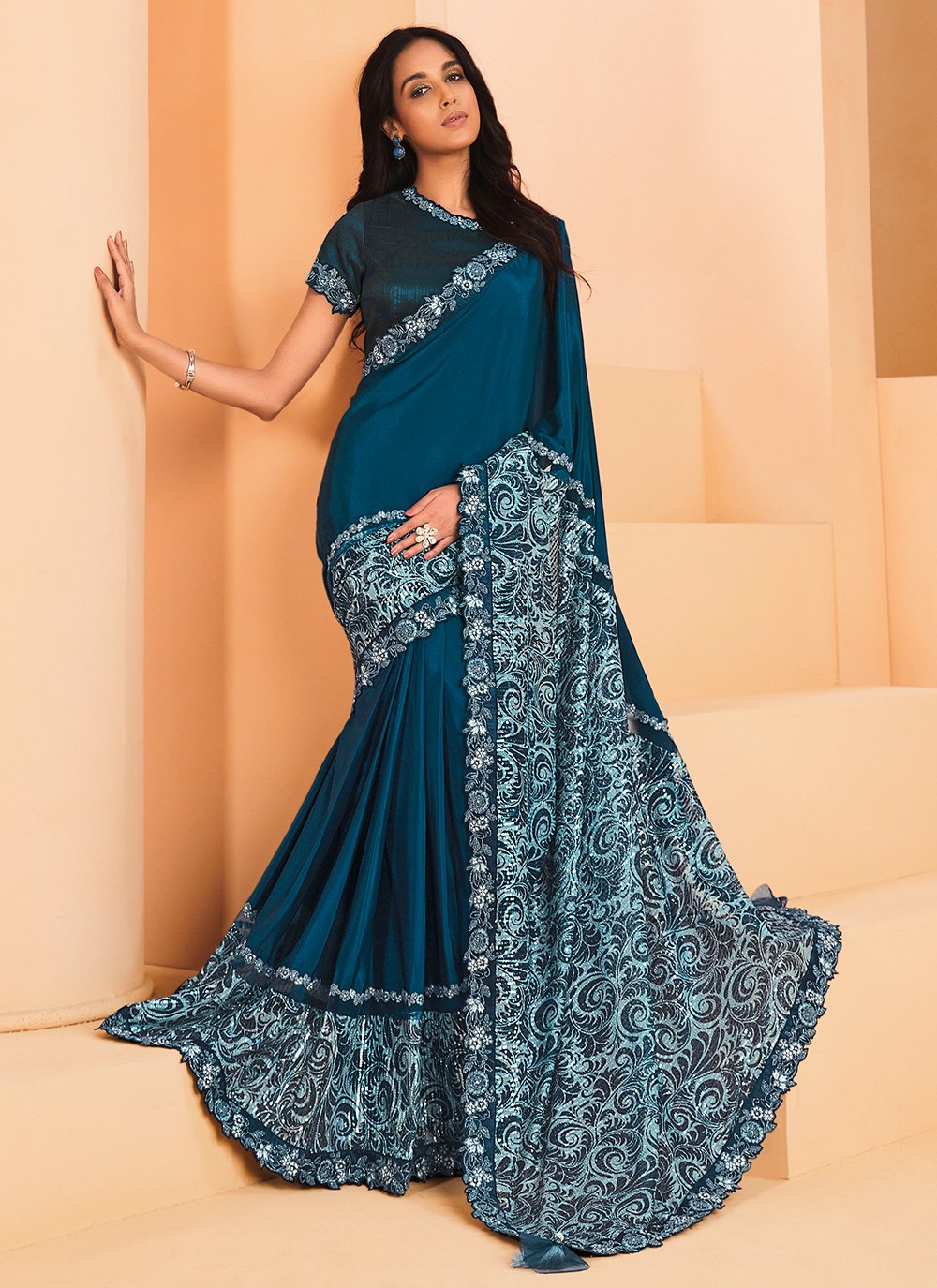 Classic Crepe Silk Satin Teal Embroidered Saree