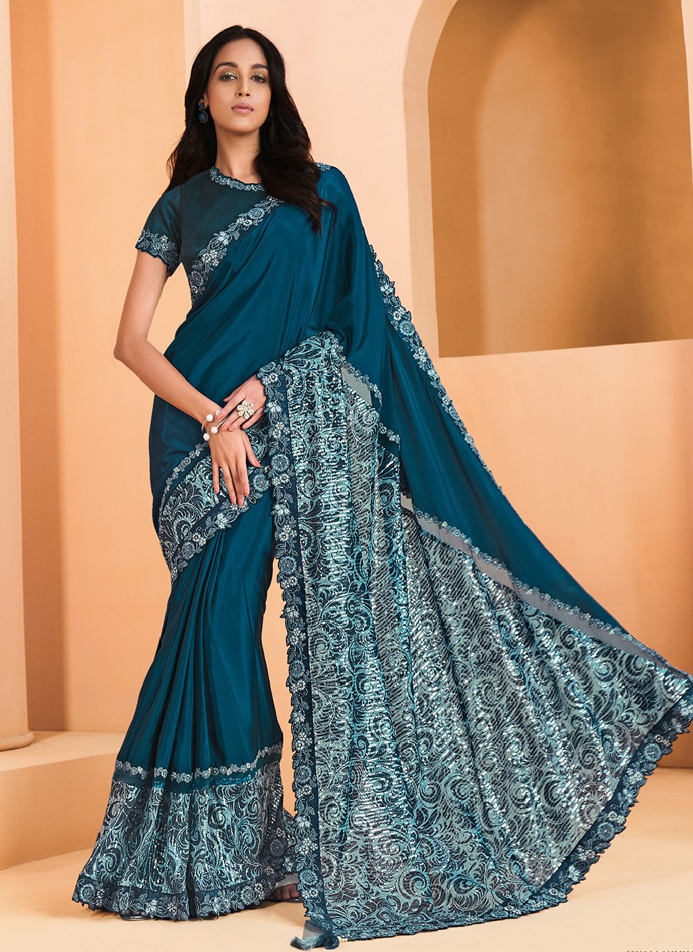 Classic Crepe Silk Satin Teal Embroidered Saree