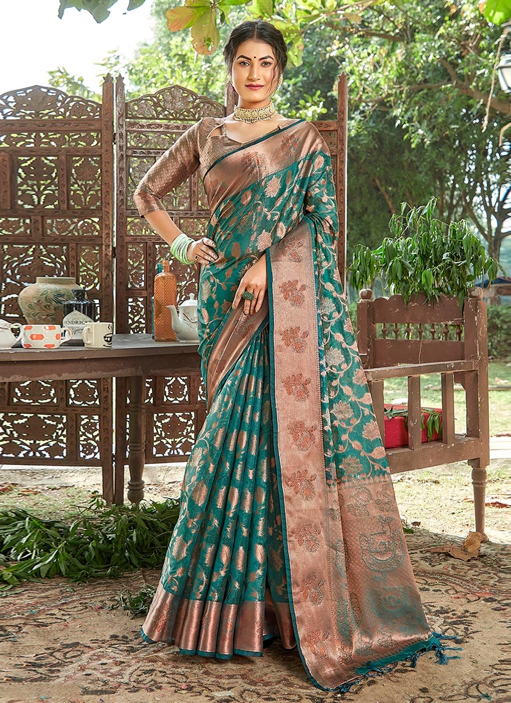 Trendy Saree Organza Teal Embroidered Saree