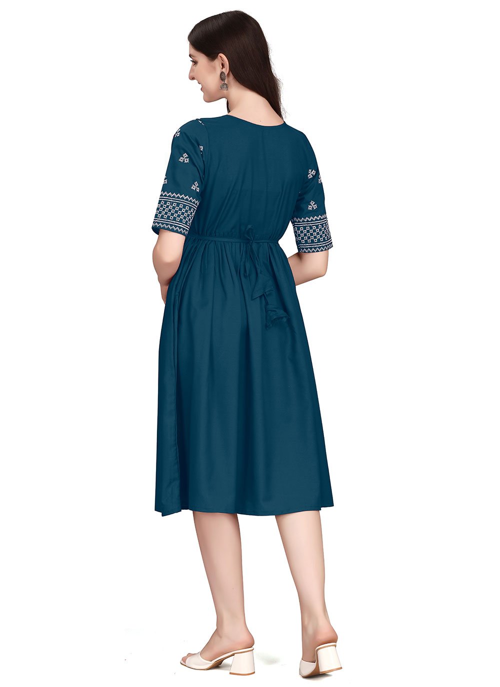 Party Wear Kurti Rayon Teal Embroidered Kurtis