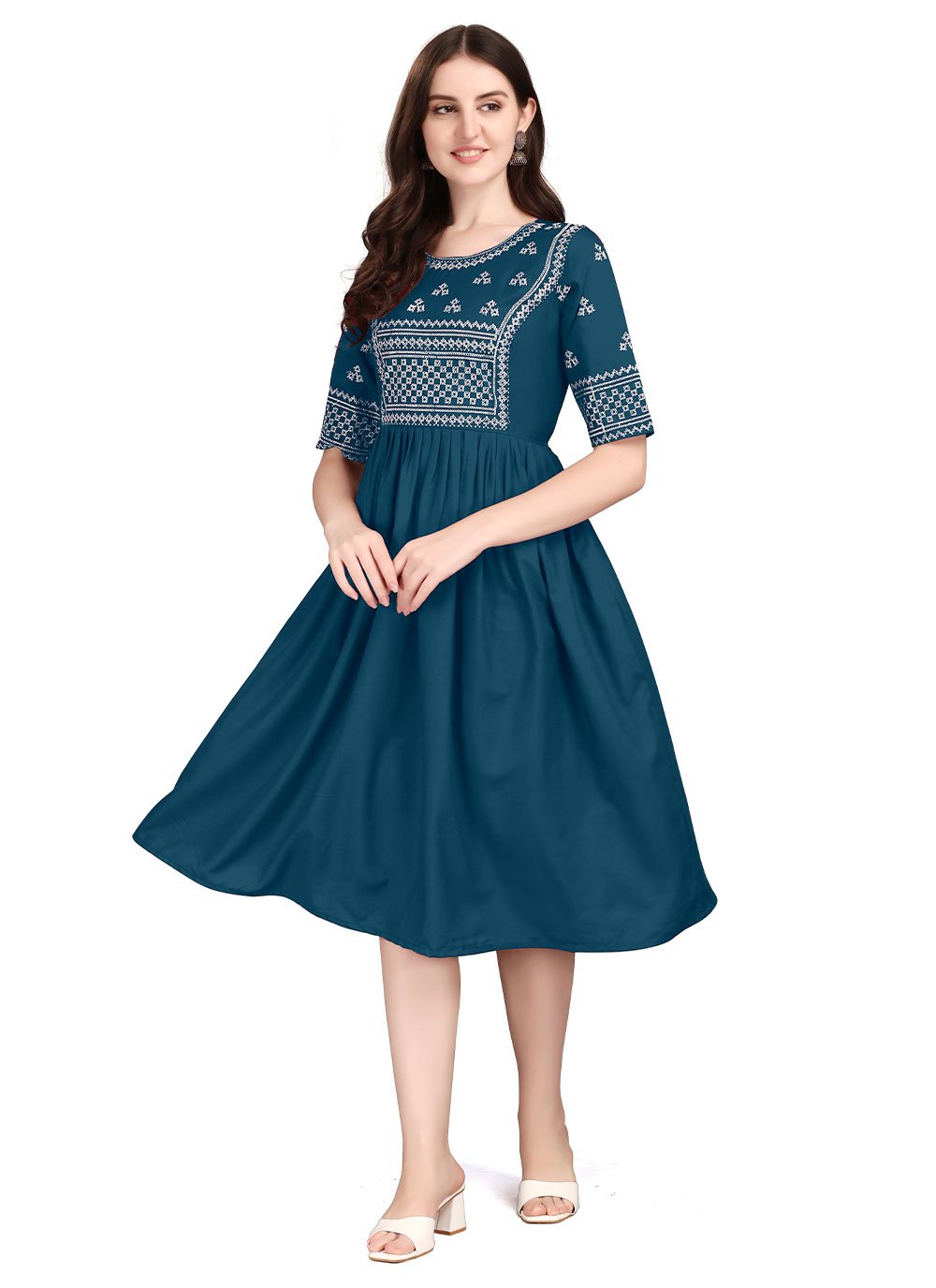 Party Wear Kurti Rayon Teal Embroidered Kurtis