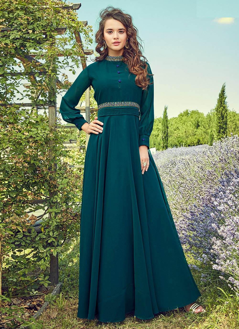 Gown Georgette Teal Plain Gown