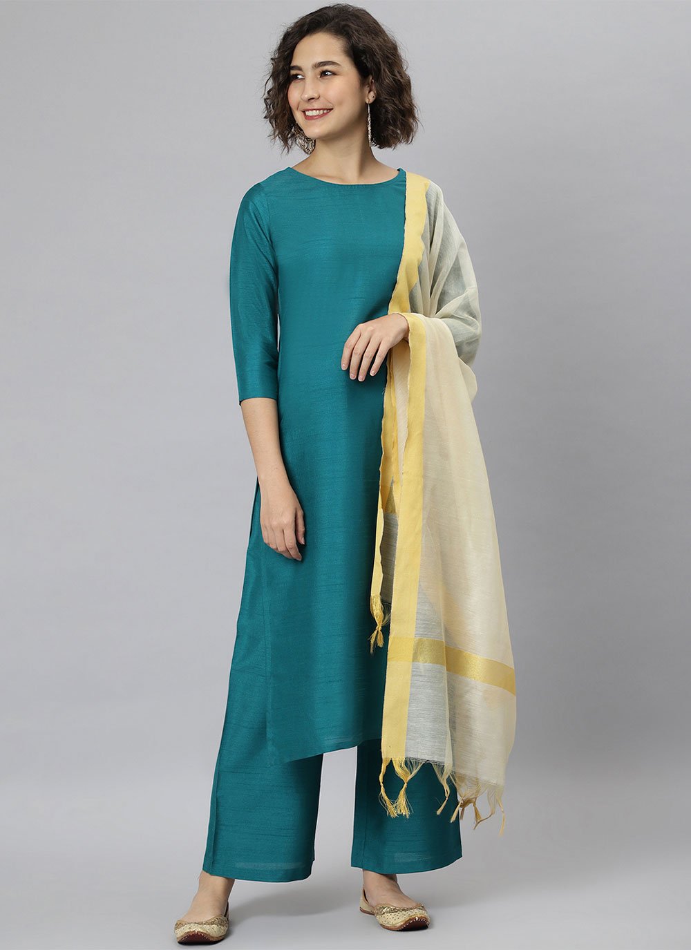 Salwar Suit Poly Silk Teal Plain Salwar Kameez