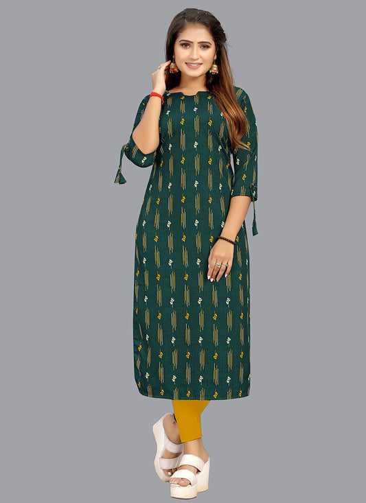 Party Wear Kurti Faux Crepe Teal Print Kurtis