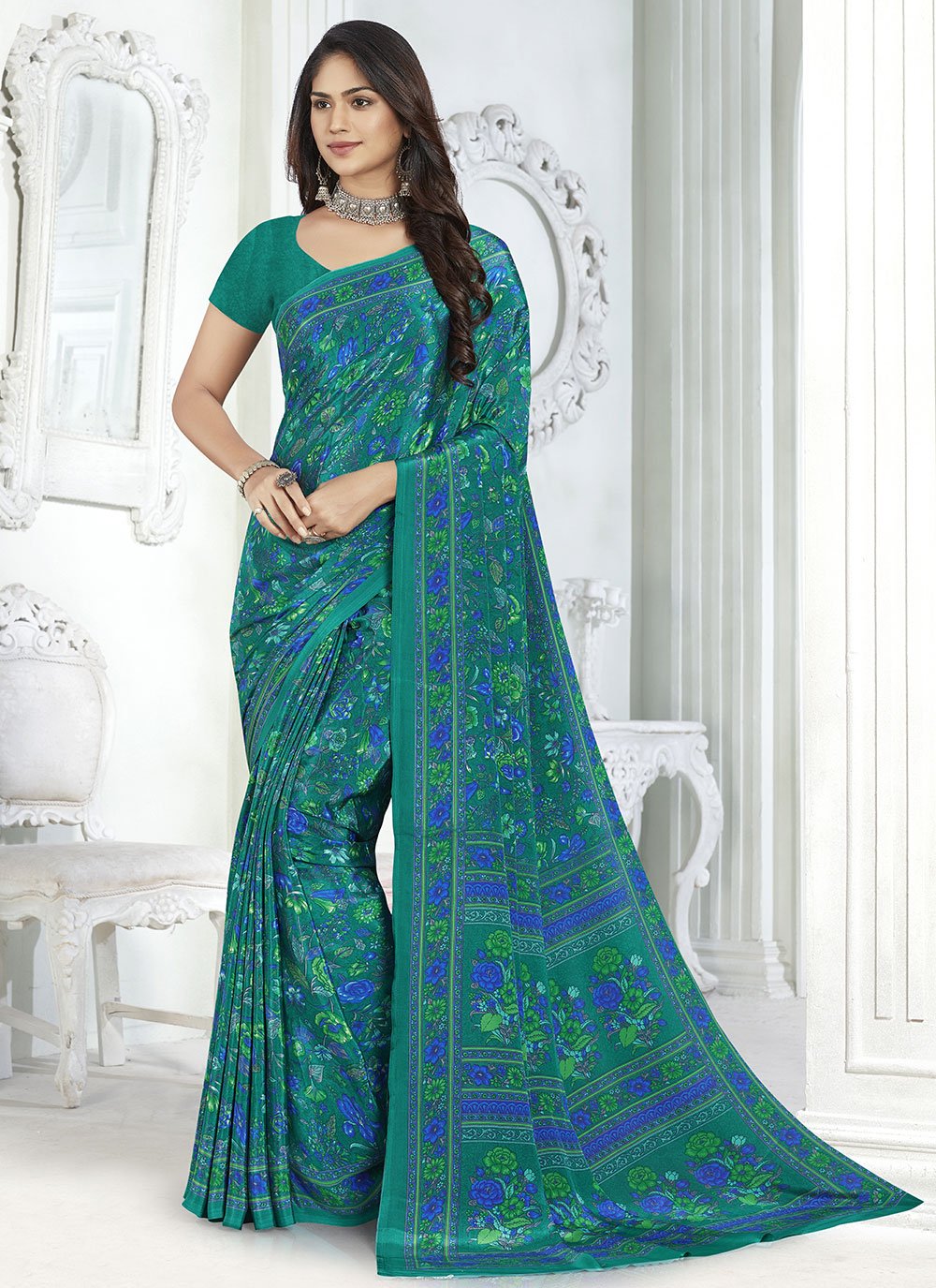 Classic Faux Crepe Teal Print Saree