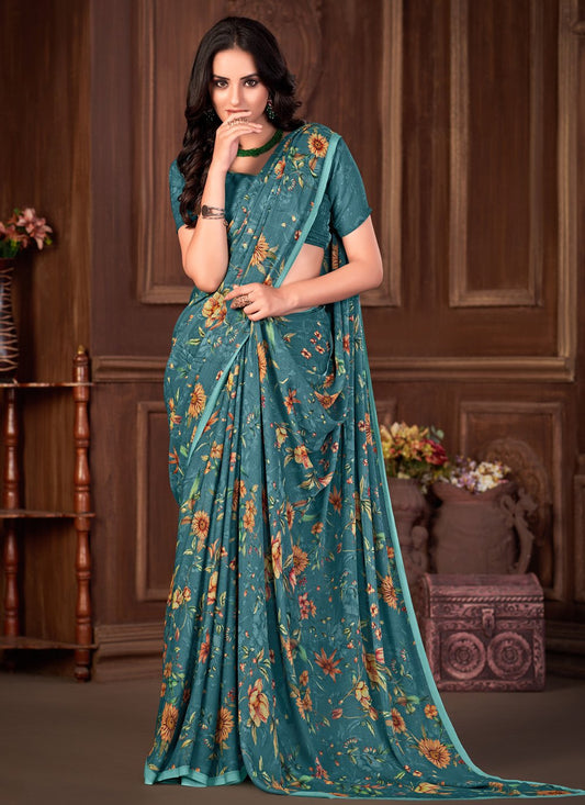 Classic Georgette Teal Print Saree