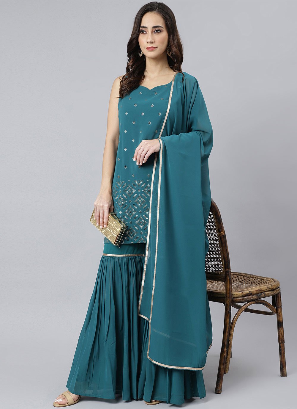 Salwar Suit Georgette Teal Print Salwar Kameez