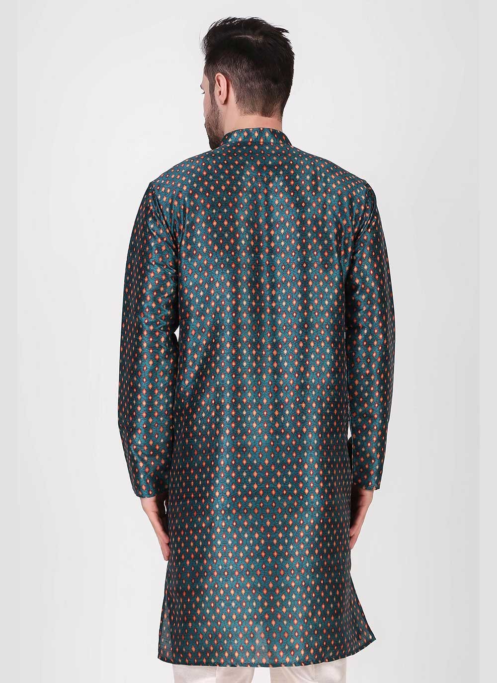 Kurta Pyjama Art Silk Teal Print Mens