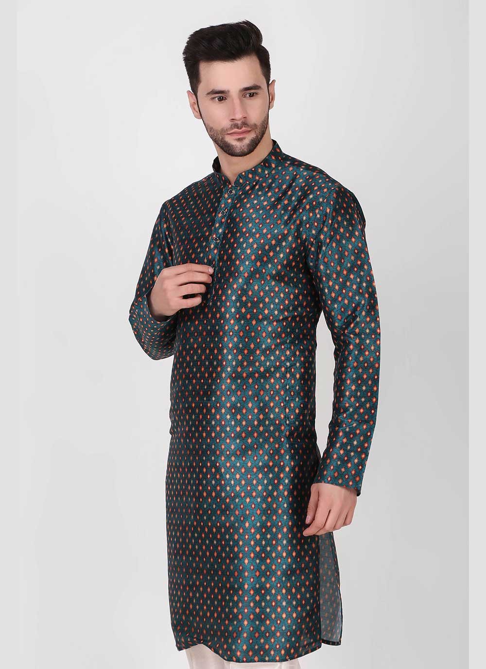 Kurta Pyjama Art Silk Teal Print Mens