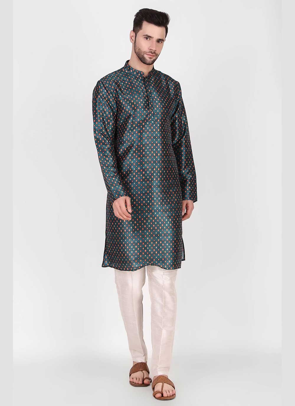 Kurta Pyjama Art Silk Teal Print Mens