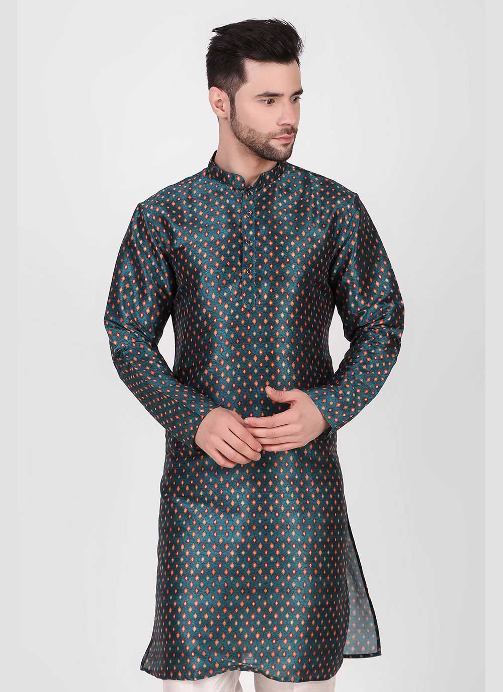 Kurta Pyjama Art Silk Teal Print Mens