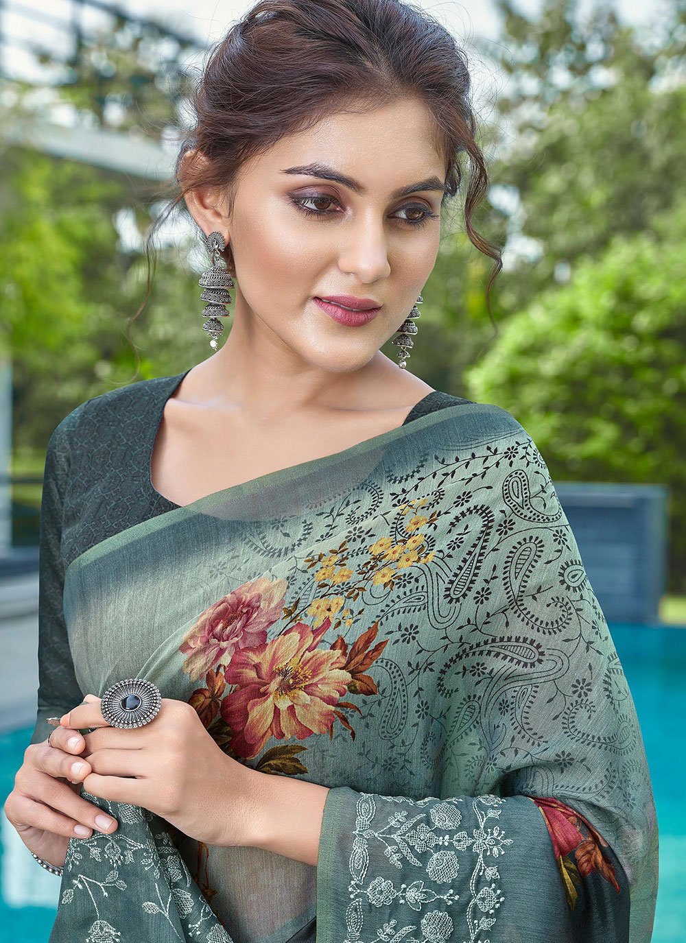 Classic Linen Teal Embroidered Saree