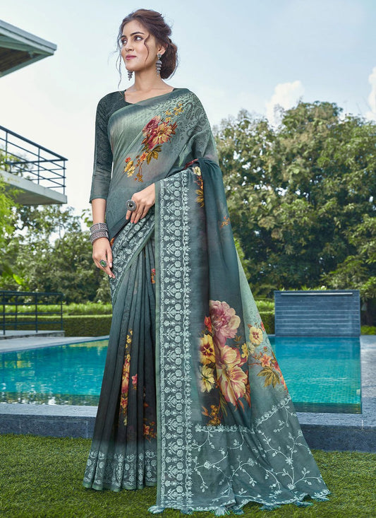 Classic Linen Teal Embroidered Saree