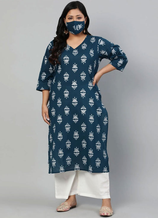 Party Wear Kurti Cotton Teal Print Kurtis