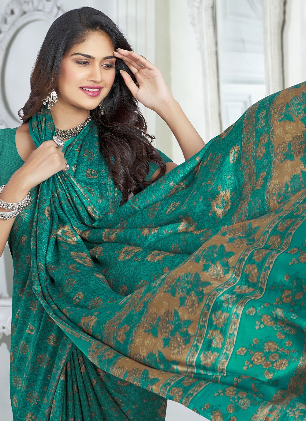 Trendy Saree Faux Crepe Teal Print Saree