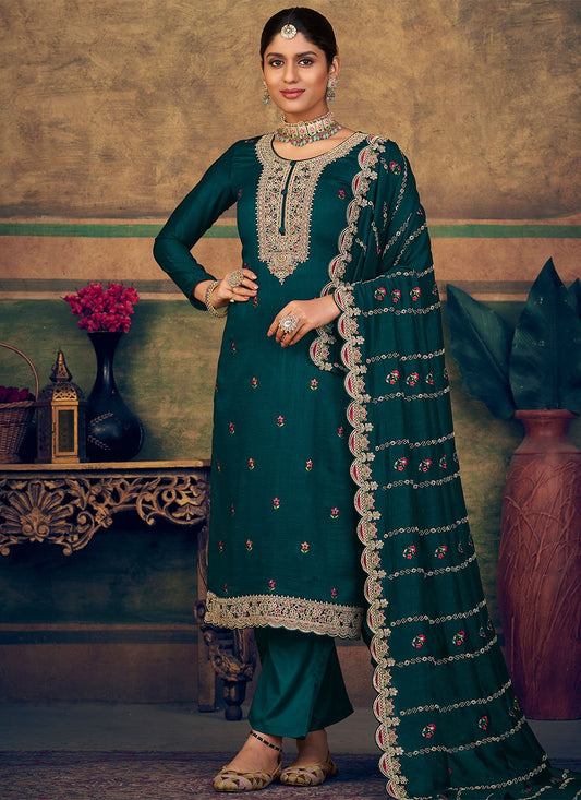 Salwar Suit Pure Silk Teal Cord Work Salwar Kameez