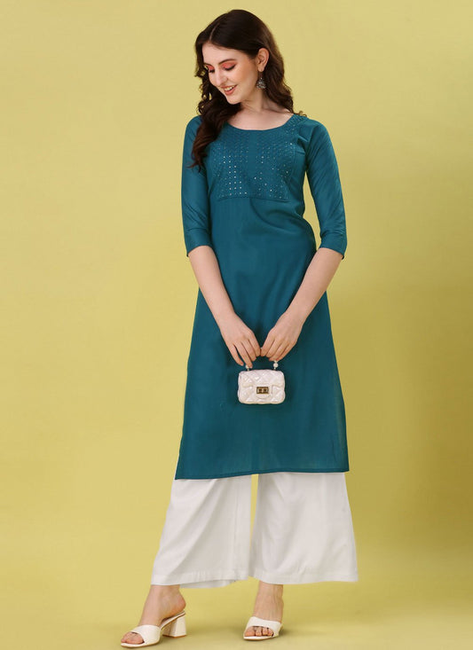 Casual Kurti Rayon Teal Embroidered Kurtis